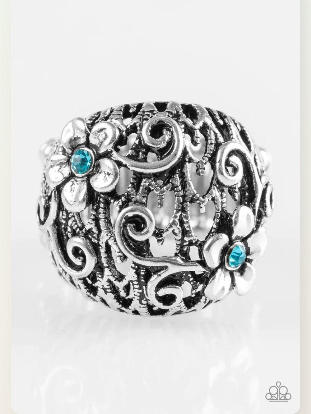 Silver Filigree Flower Blue Ring Spring Holiday
